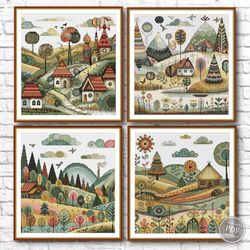 cross stitch set 4 patterns. village houses. cross stitch seasons. landscape embroidery. modern cross stitch pdf 453