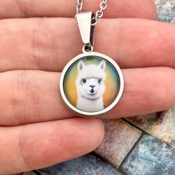 alpaca pendant, lama necklace, animal lover gift, lama lover jewelry, handmade steel and glass charm