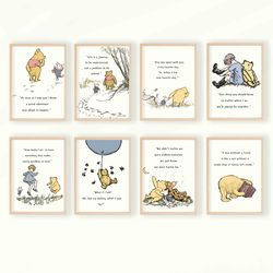 set of 8 winnie the pooh prints in color, winnie the pooh quote prints, baby shower pooh, nursery decor, nursery wall ar