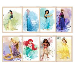 princess prints, fairy tale castle, girl room decor set of 8, baby girl wall art, girl gift, watercolor princess theme,