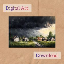 digital postcard rustic landscape, thunderstorm, watercolor art