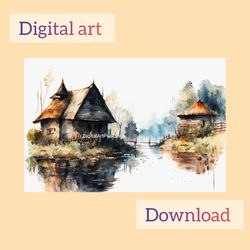 watercolor drawing of an abandoned village, digital art, postcard for printing