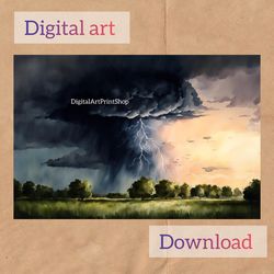 digital postcard, watercolor drawing of a thunderstorm, postcard for printing