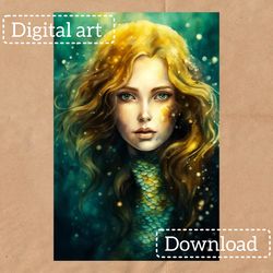 watercolor painting portrait of a mermaid with golden hair, digital postcard for printing