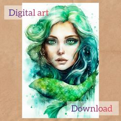 watercolor drawing of a mermaid, a postcard for download