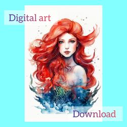 digital drawing of a mermaid with red hair, a postcard for download and printing