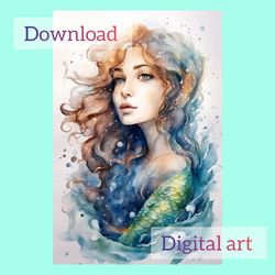 digital postcard watercolor mermaid