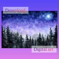 watercolor starry night drawing, download card