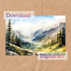 watercolor drawing of a mountain, digital postcard for download and printing