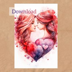 watercolor drawing of mother and daughter, happy mother's day postcard, instant download