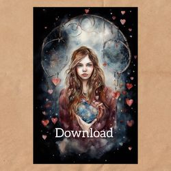 watercolor drawing of a girl with a heart, digital postcard for download