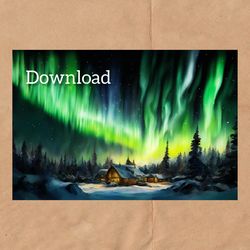 watercolor drawing of the northern lights, digital postcard for instant download