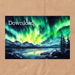 watercolor drawing of the northern lights, digital postcard for instant download