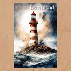 watercolor painting lighthouse, digital postcard for instant download