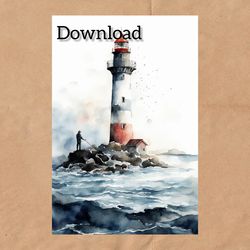 watercolor painting lighthouse, digital postcard for instant download