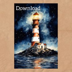 watercolor painting lighthouse, digital postcard for instant download