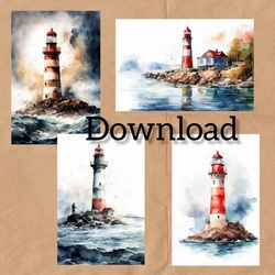 set watercolor painting lighthouse, digital postcard for instant download