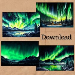 set watercolor drawing of the northern lights, digital postcard for instant download
