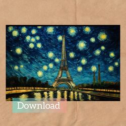 starry night over the eiffel tower, paris france, digital postcard instant download