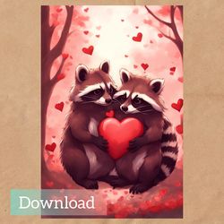 raccoons hugging postcard, happy valentine's day postcard, digital postcard instant download