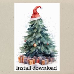 watercolor drawing merry christmas digital postcard instant download