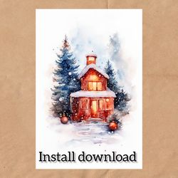 watercolor drawing merry christmas digital postcard instant download