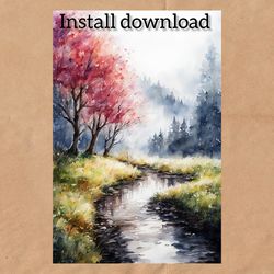 instant download of a digital postcard with a watercolor landscape