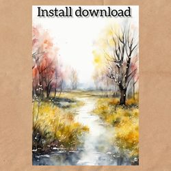 instant download of a digital postcard with a watercolor autumn landscape