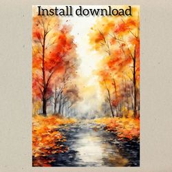 instant download of a digital postcard with a watercolor autumn landscape