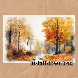 instant download of a digital postcard with a watercolor autumn landscape