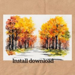 instant download of a digital postcard with a watercolor autumn landscape