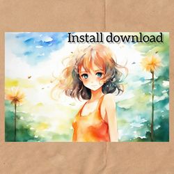watercolor anime drawing of a girl on a digital postcard instant download