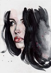 original watercolor brunette woman portrait wall art woman art female painting feminine art "drops"