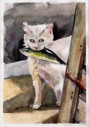 original watercolor white cat kitten wall art cute cozy grange painting kitchen living room bedroom children