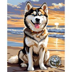 paint by number - siberian husky on the beach, acrylic painting by numbers kits, diy animal painting, dog portrait