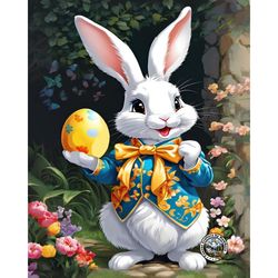 easter bunny - paint by number, diy oil paint by numbers kit, easter bunny artwork, rabbit with egg, animal paintings