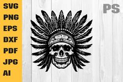 indian skull svg, native american skull svg, skull headdress png, apache skull clipart, native warrior skull svg, teepee