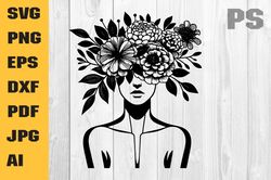 floral woman svg, flower girl svg, woman with flower head svg, cricut cutting files silhouette cut clipart vector digita