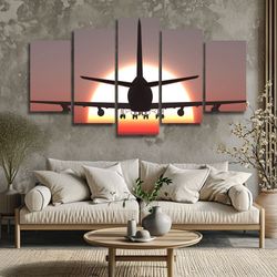 aircraft plane sunset 5 pieces canvas wall art, large framed 5 panel canvas wall art