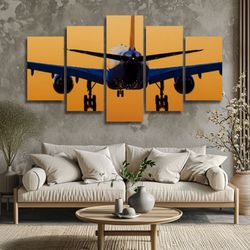 aircraft sunset landing 5 pieces canvas wall art, large framed 5 panel canvas wall art