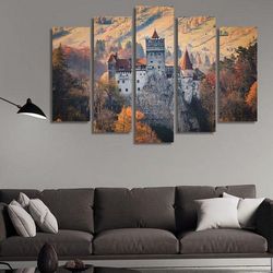 13th century castle bran nature 5 pieces canvas wall art, large framed 5 panel canvas wall art