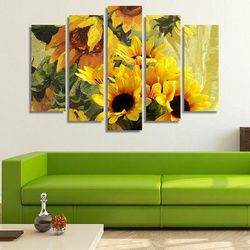 a bouquet of sunflowers summer nature 5 pieces canvas wall art, large framed 5 panel canvas wall art