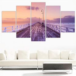 a long bridge under the purple sunset nature 5 pieces canvas wall art, large framed 5 panel canvas wall art
