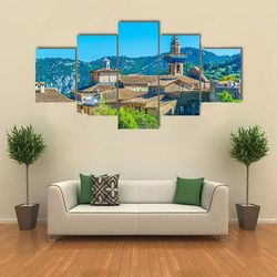 aerial view of valldemossa with catholica church nature 5 pieces canvas wall art, large framed 5 panel canvas wall art