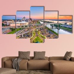 aerial view with downtown and mud island nature 5 pieces canvas wall art, large framed 5 panel canvas wall art