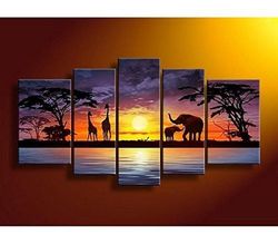 african elephant life nature 5 pieces canvas wall art, large framed 5 panel canvas wall art