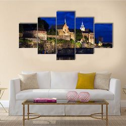 akershus fortress and castle at night nature 5 pieces canvas wall art, large framed 5 panel canvas wall art