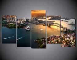 arial photo of sydney harbour sunset nature 5 pieces canvas wall art, large framed 5 panel canvas wall art