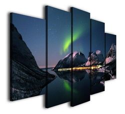 aurora borealis north lights landscape nature 5 pieces canvas wall art, large framed 5 panel canvas wall art