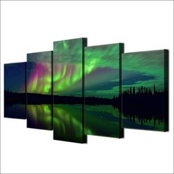 aurora lake shadow night landscape nature 5 pieces canvas wall art, large framed 5 panel canvas wall art